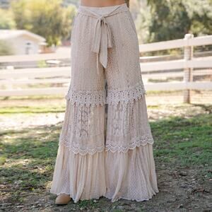 "Desert Dream" Lace & Voile Wide Leg Pant in Latte